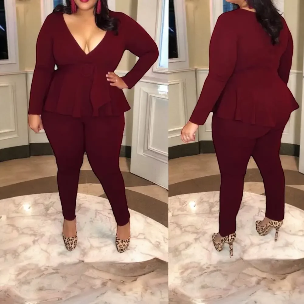 GIBIU Wine Burgundy Peplum Belted Jumpsuit – 1X (Junior Plus‎ 12–14)